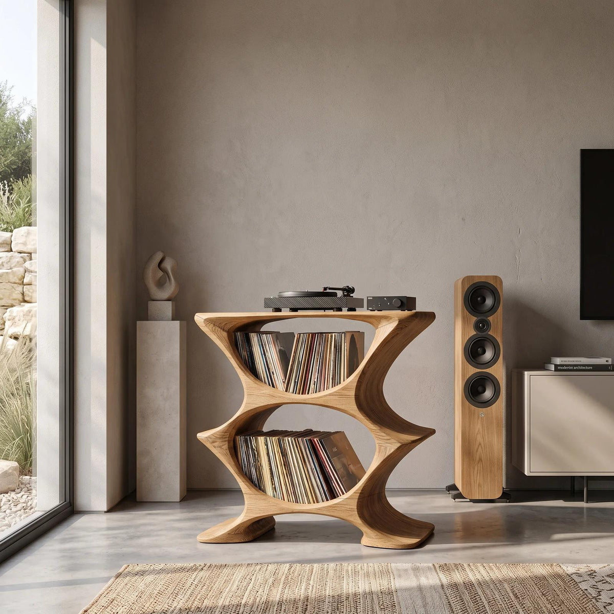 Contemporary Record Player Cabinet With 2-Tier Shelf For Living Room