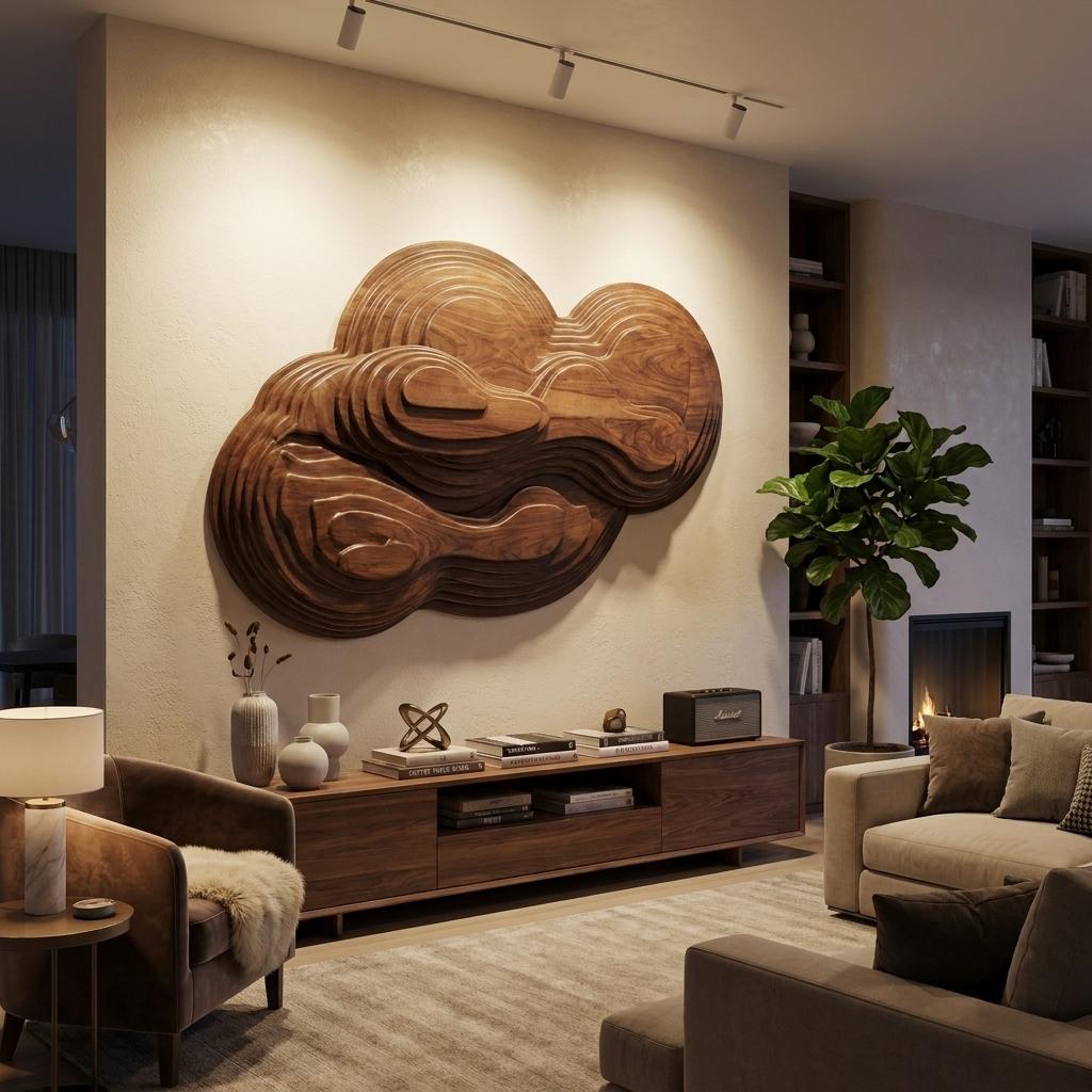 Organic Cloud Wooden Wall Sculpture, Layered Handcrafted Solid Wood Wall Art for Bedroom, Living Room & Nursery
