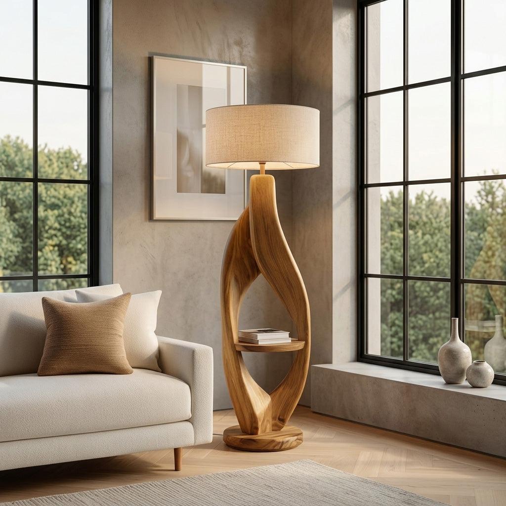 Organic Style Natural Wood Floor Lamp, Rustic Solid Wood Tall Standing Light for Cozy Living Room Decor, Model