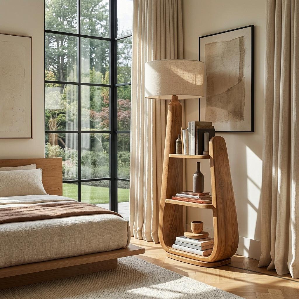 Mid-Century Wooden Floor Lamp with Integrated Storage Shelves, Modern Standing Light for Living Room, Model