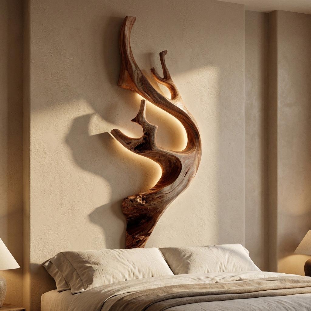 Sculptural Tree Branch Wooden Wall Lamp, Modern Nature-Inspired LED Wall Sconce Light for Bedroom, Model