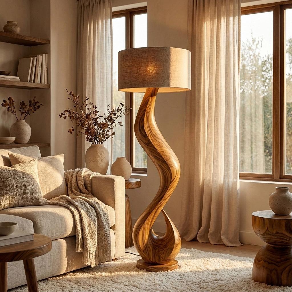 Modern Wooden Floor Lamp with Flowing Organic Form, Tall Standing Accent Light for Living Room Corner, Model