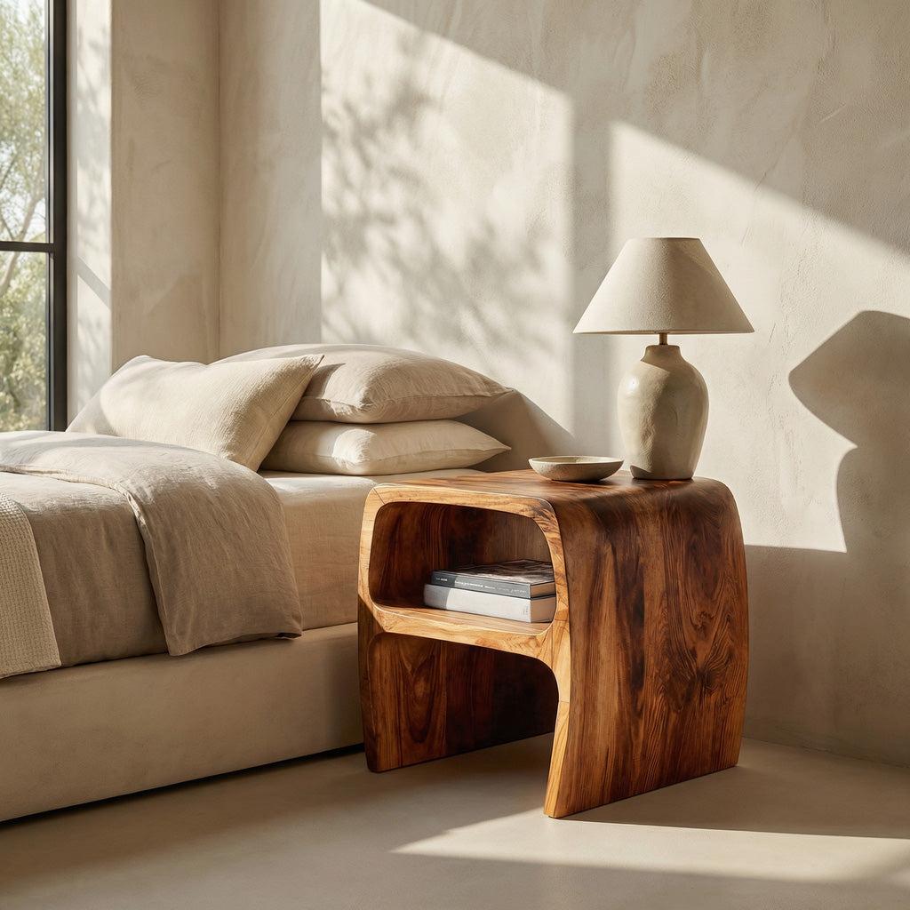 Spry Interior Modern Sculptural Wooden Nightstand with Open Storage Shelf, Unique Organic Bedside Table, Model RTTHHNNS025