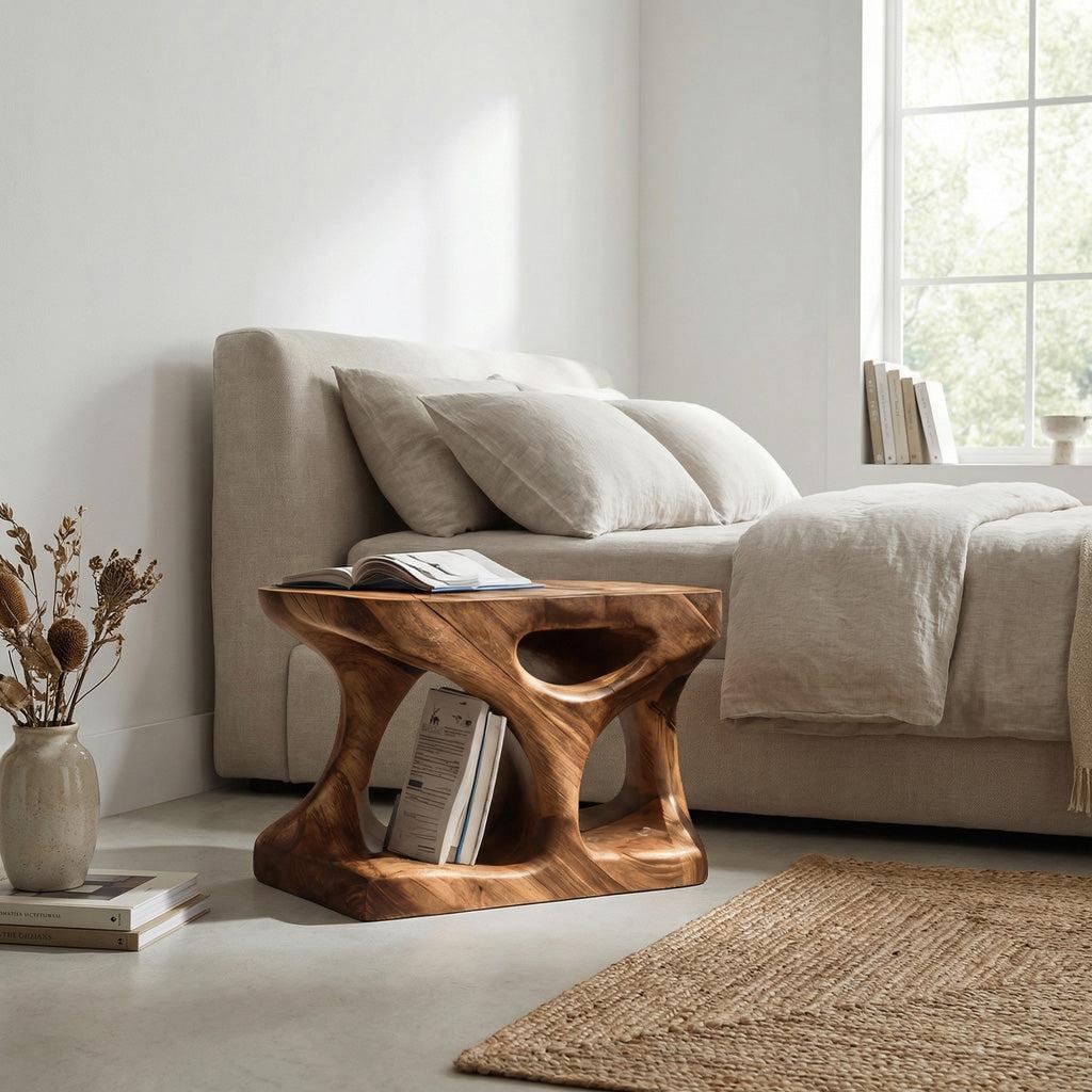 Scandinavian Wooden Side Table, Minimalist Curved End Table with Open Storage Shelf for Living Room, Model