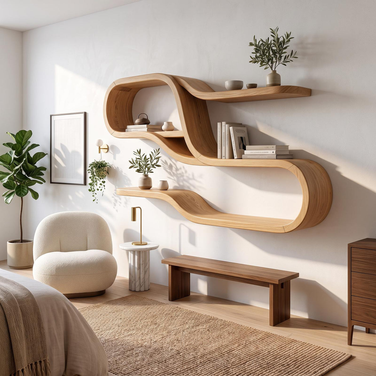 Mid Century Modern Wooden Display Shelves for Bedroom