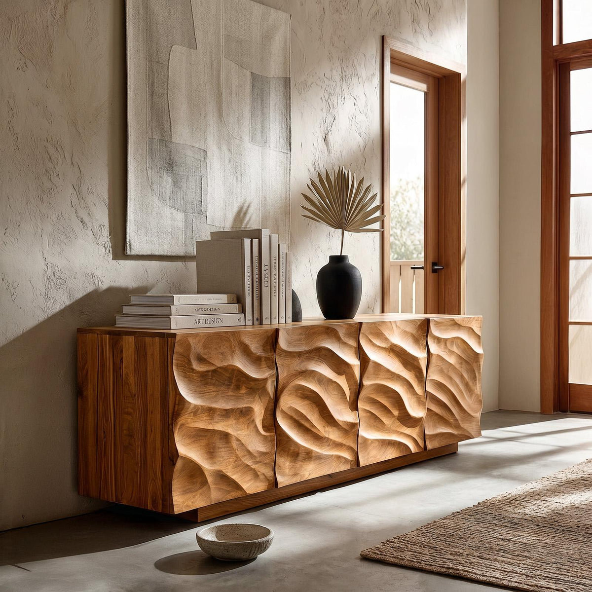 Artistic Carved Wooden Cabinet, Luxury Handcrafted Solid Wood Sideboard Credenza for Elegant Living Spaces, Model