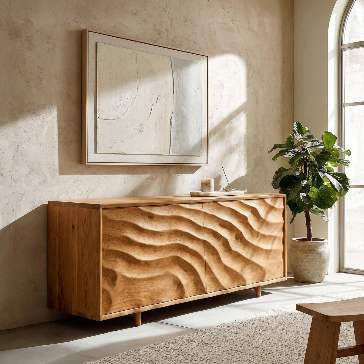 Spry Interior Contemporary Wooden Sideboard with Carved Doors, Handcrafted Solid Wood Credenza Storage Cabinet for Home, Model RTTHHNSD042