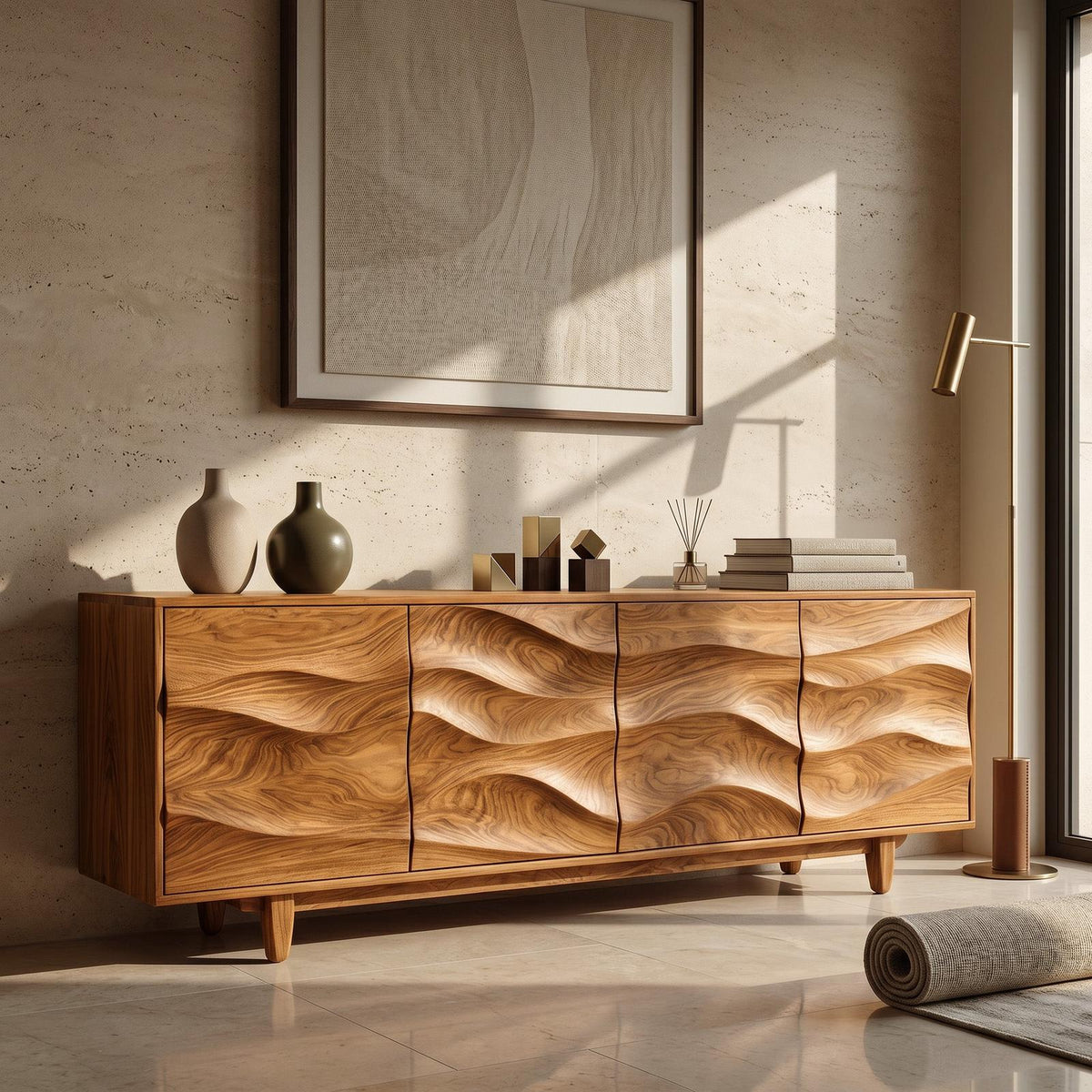 Rustic Wooden Sideboard with Undulating Doors, Handcrafted Solid Wood Credenza Storage Cabinet for Living Room, Model