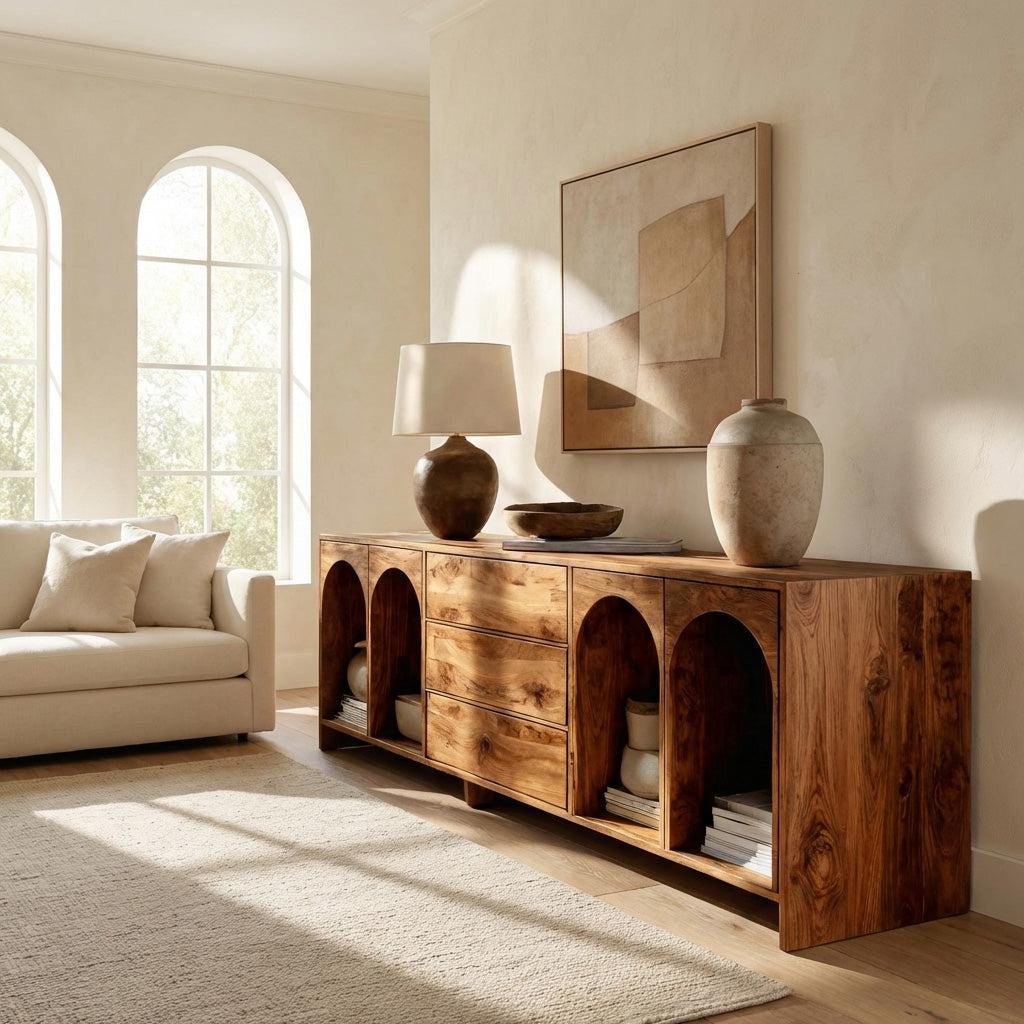 Spry Interior Modern Wooden Sideboard with Arched Compartments, Handcrafted Solid Wood Credenza Cabinet for Living Room, Model RTTHHNSD033