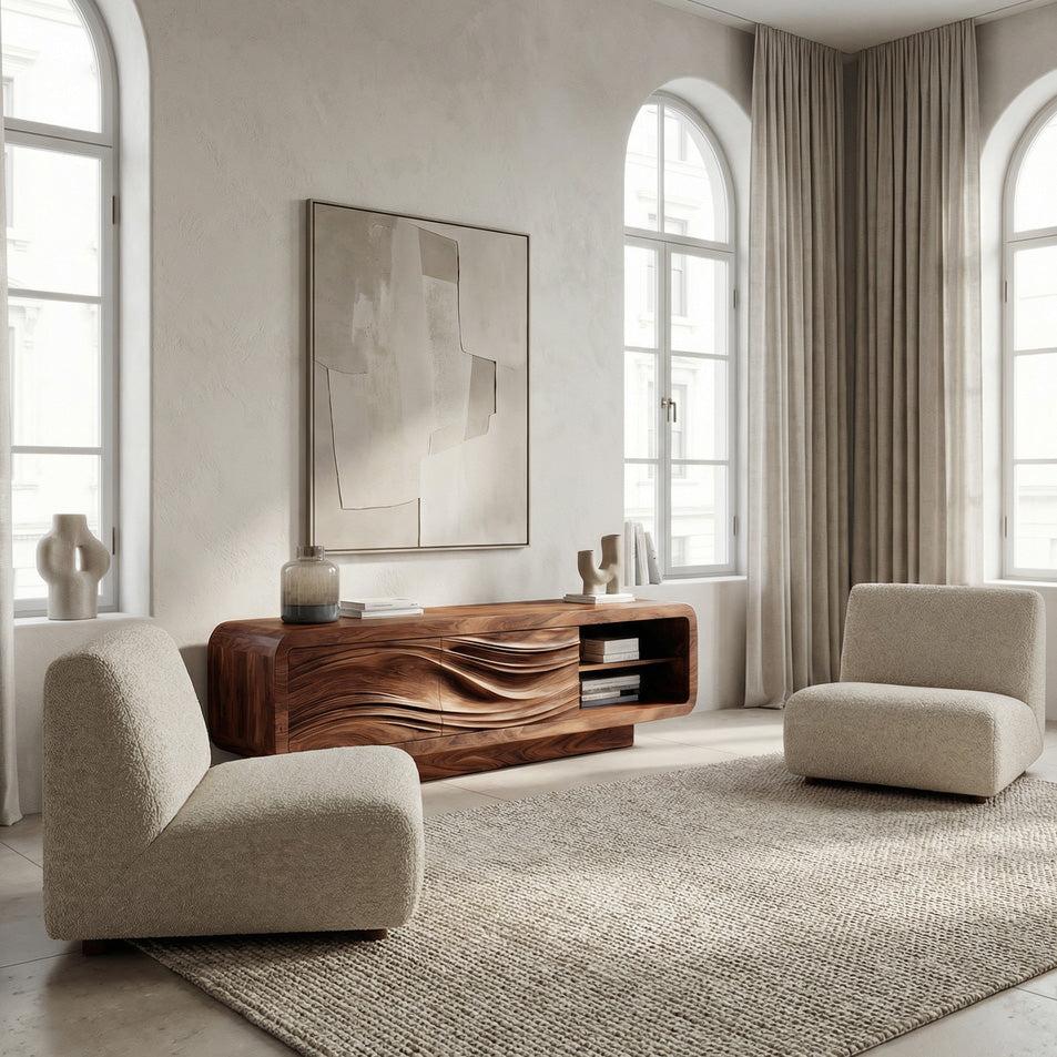 Spry Interior Modern Organic Sculpted Sideboard, Handcrafted Solid Wood Credenza Cabinet & Buffet for Living Room Dining, Model RTTHHNSD025