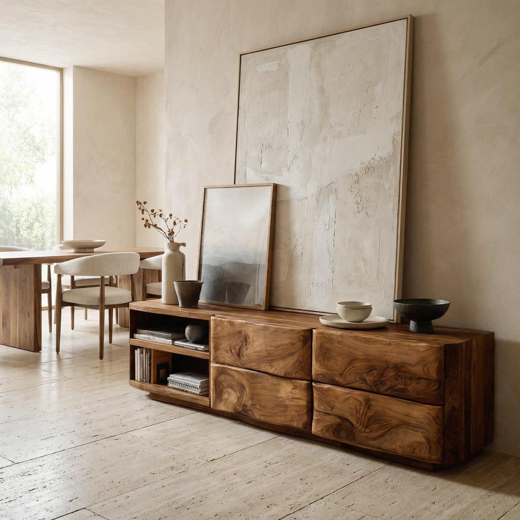 Spry Interior Quiet Luxury Low Sideboard Console, Handcrafted Wooden Storage Credenza & Media Cabinet for Living Room, Model RTTHHNSD021