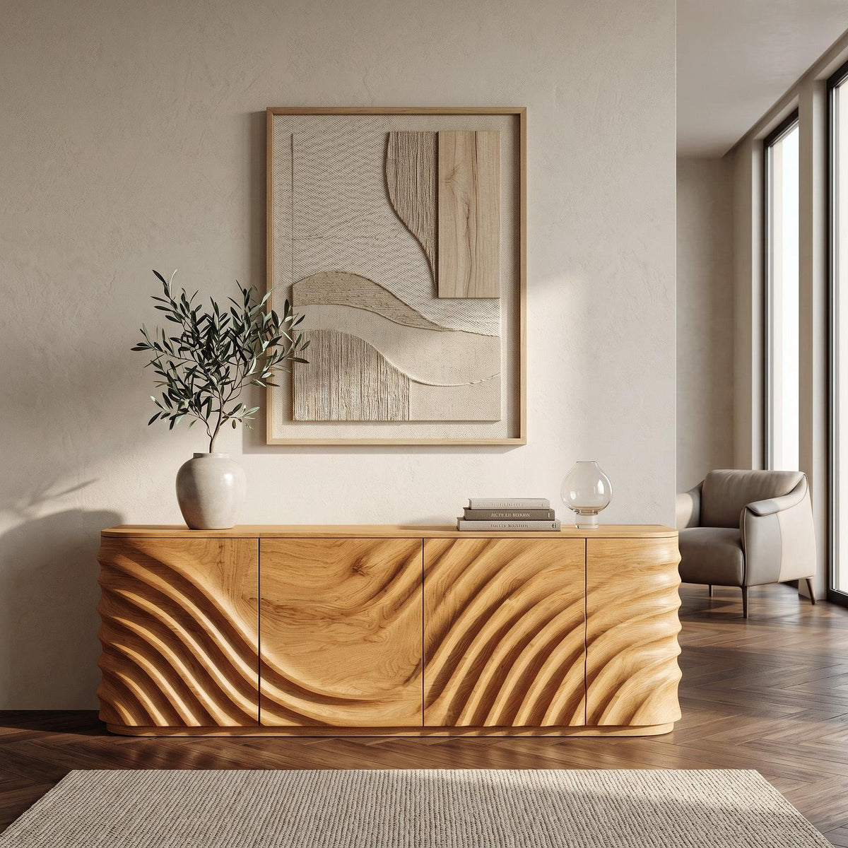 Spry Interior Modern Wooden Sideboard with Carved Door, Handcrafted Solid Wood Credenza Cabinet for Minimalist Living Space, Model RTTHHNSD039