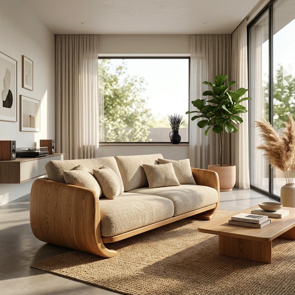 Organic Modern Curved Wood Sofa, Contemporary Lounge Settee, Artistic Designer Couch for Living Room Decor
