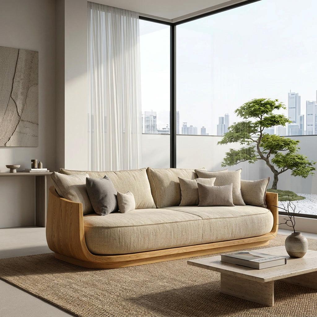 Modern Wooden Sofa with Flowing Rounded Edges, Contemporary Settee Loveseat, Living Room Designer Couch