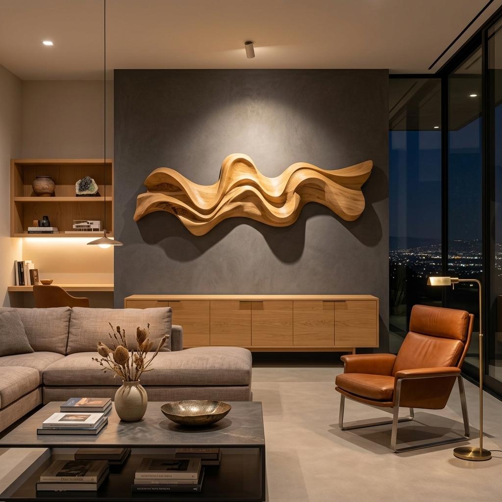 Modern Wavy Wall Art Sculpture, 3D Abstract Fluid Wave Carved Wood Wall Panel for Living Room & Office Decor