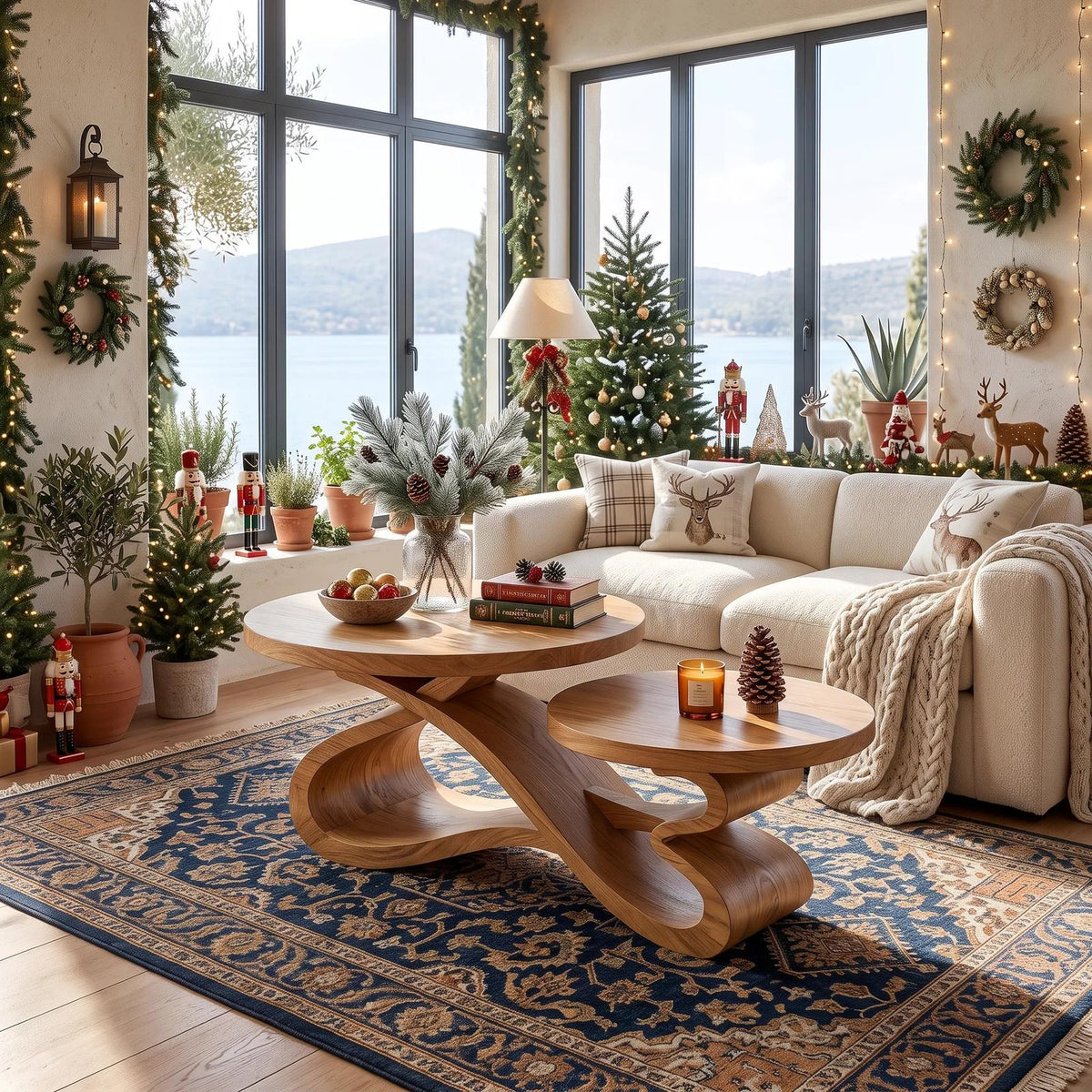 Rustic Christmas Round Coffee Table Holiday Sunroom