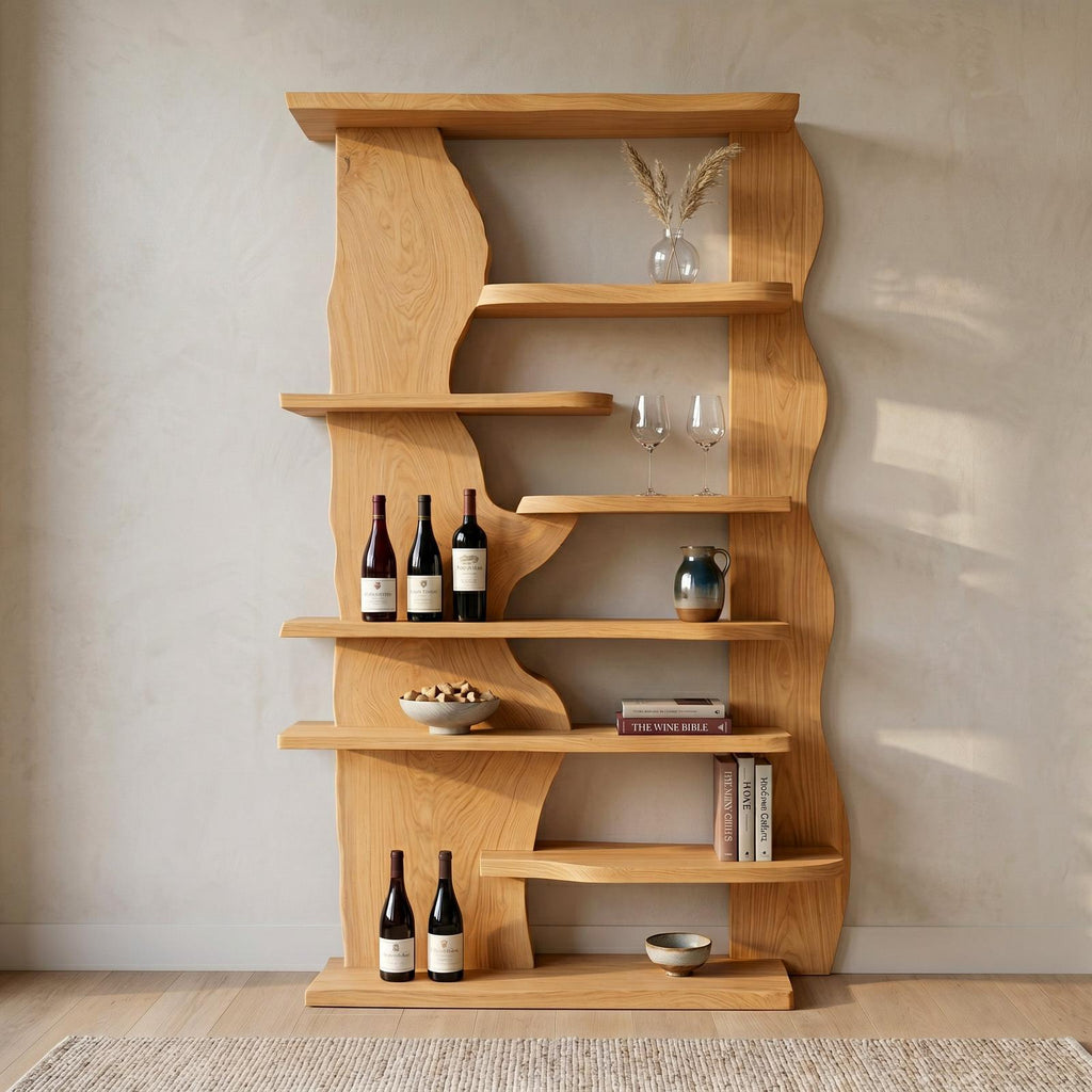 Organic Live Edge Wooden Standing Shelf, Rustic Tiered Bookcase Natural Slab Wood Display Rack for Living Room