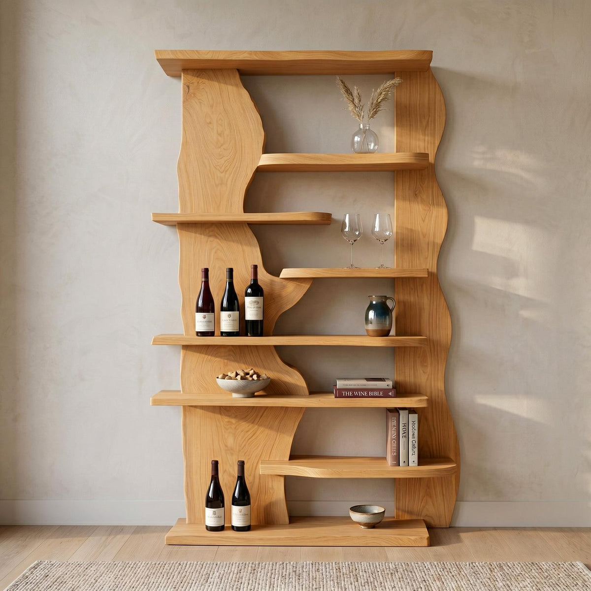 Organic Live Edge Wooden Standing Shelf, Rustic Tiered Bookcase Natural Slab Wood Display Rack for Living Room