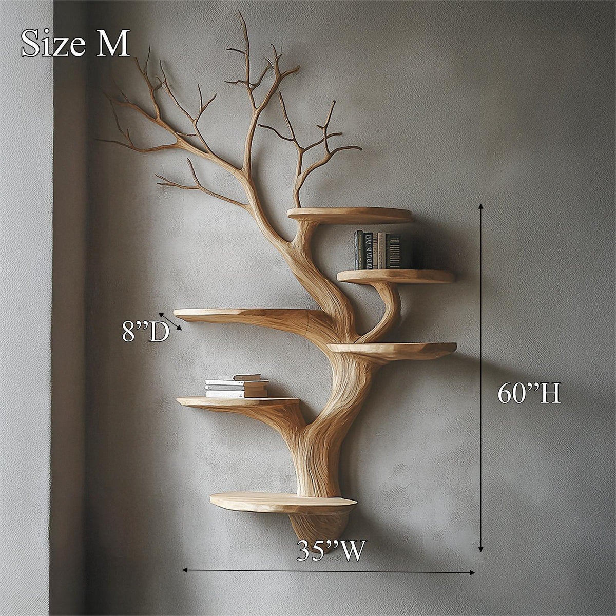 Organic Modern Wood Tree Display Shelf, Handcrafted Floating Branch Wall Mounted Bookcase for Living Room Art
