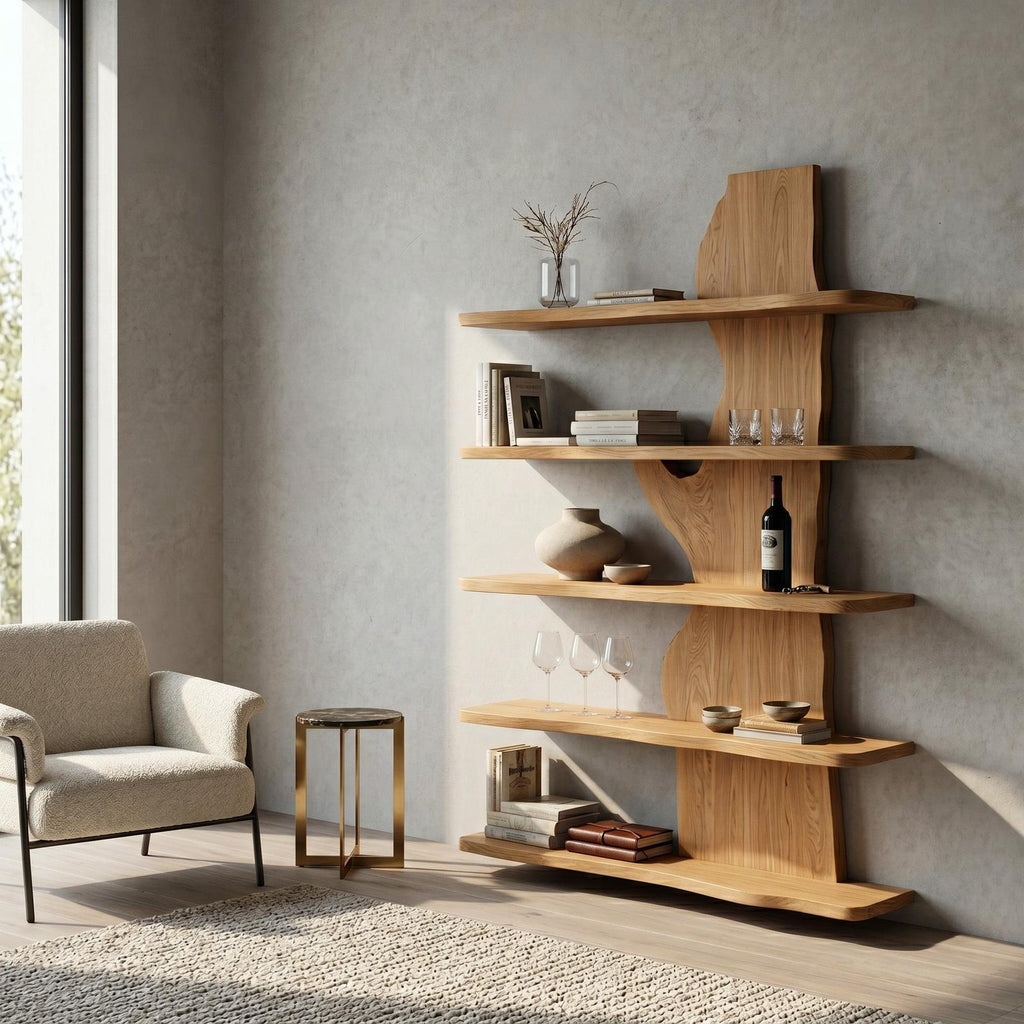 Handcrafted Natural Wood Standing Shelf, Rustic Tiered Bookcase Display Organizer, Artisan Timber Storage Rack