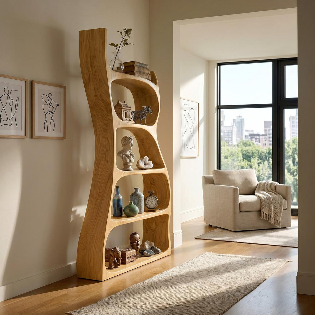Elegant Natural Wood Standing Shelf, Tiered Entryway Display Organizer, Modern Timber Bookcase Storage Rack