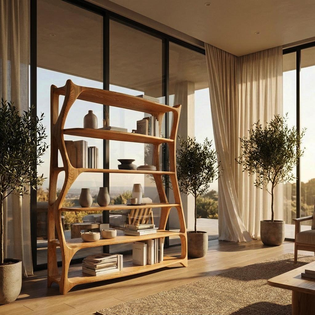 Elegant Wooden Standing Shelf with Storage Tiers, Modern Timber Bookcase Display Rack for Living Room Decor