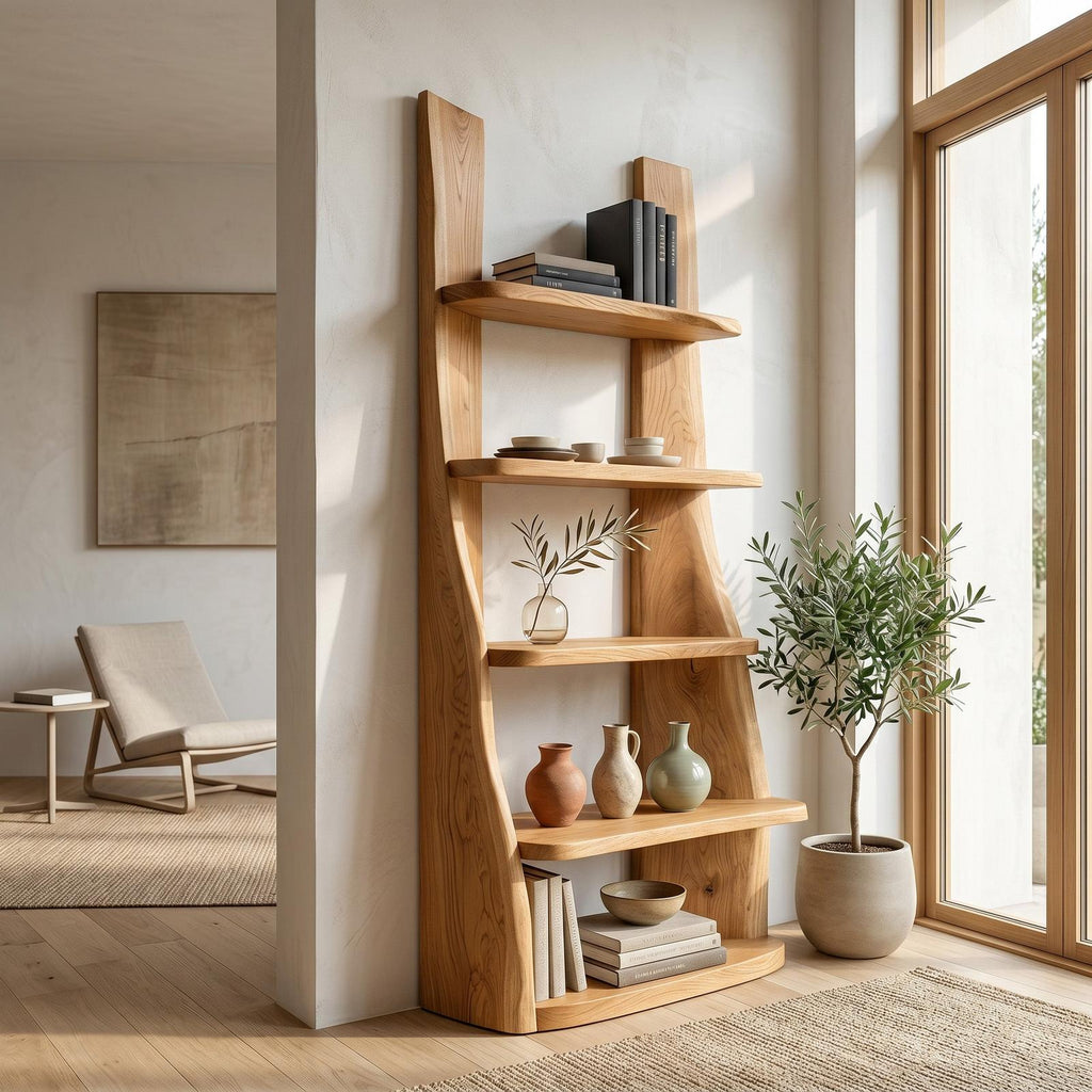 Mid-Century Wooden Bookshelf, Retro Timber Storage Display Shelving Rack for Apartment Living Room