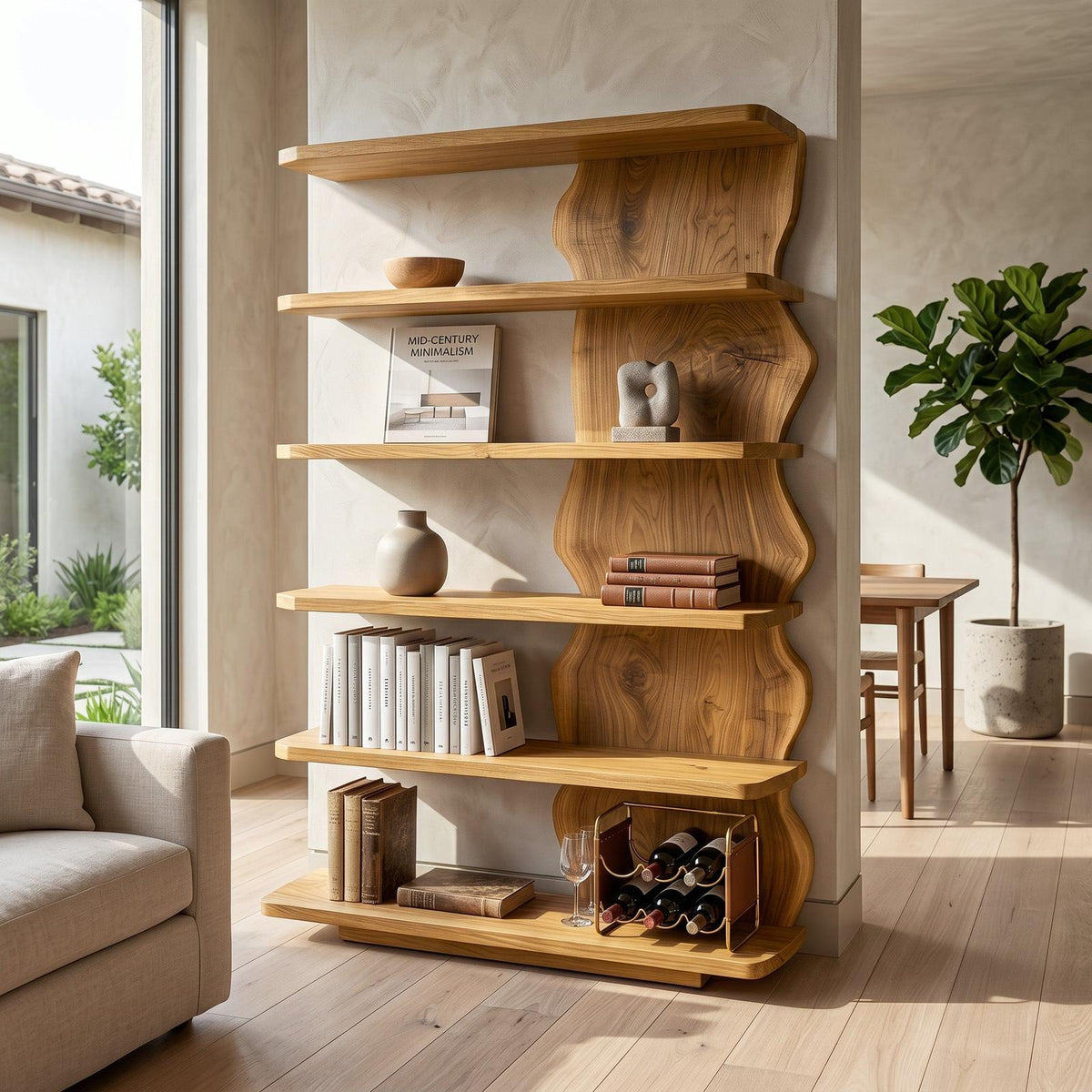 Scandinavian Natural Wood Corner Standing Shelf, Nordic Tiered Bookcase Display Organizer for Small Spaces
