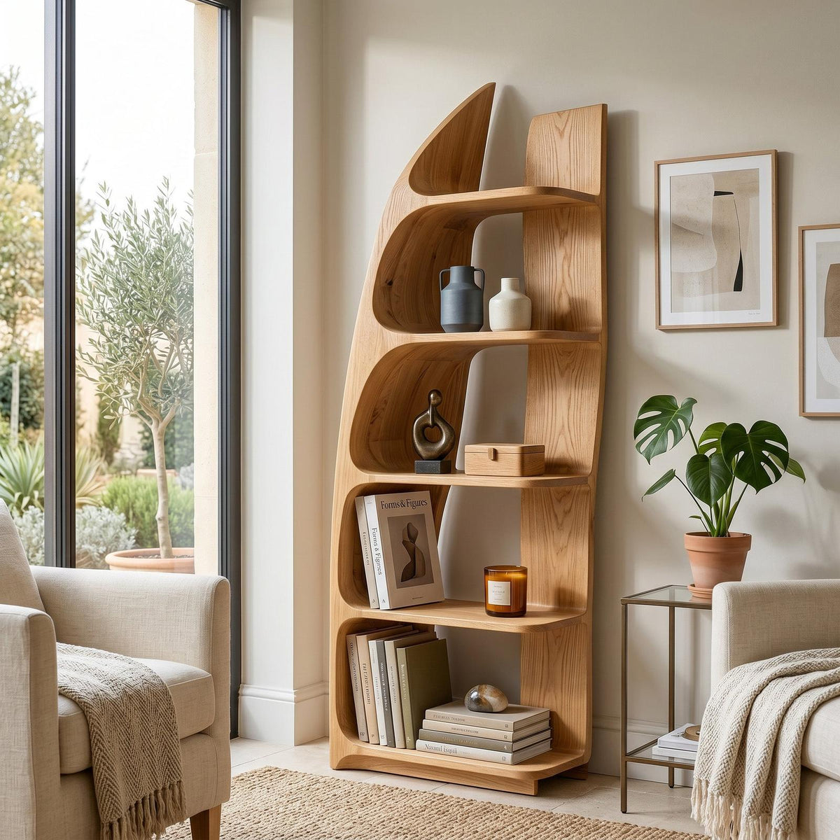 Organic Sculptural Wooden Standing Shelf, Artistic Tiered Bookcase Display Rack for Entryway Hallway Decor