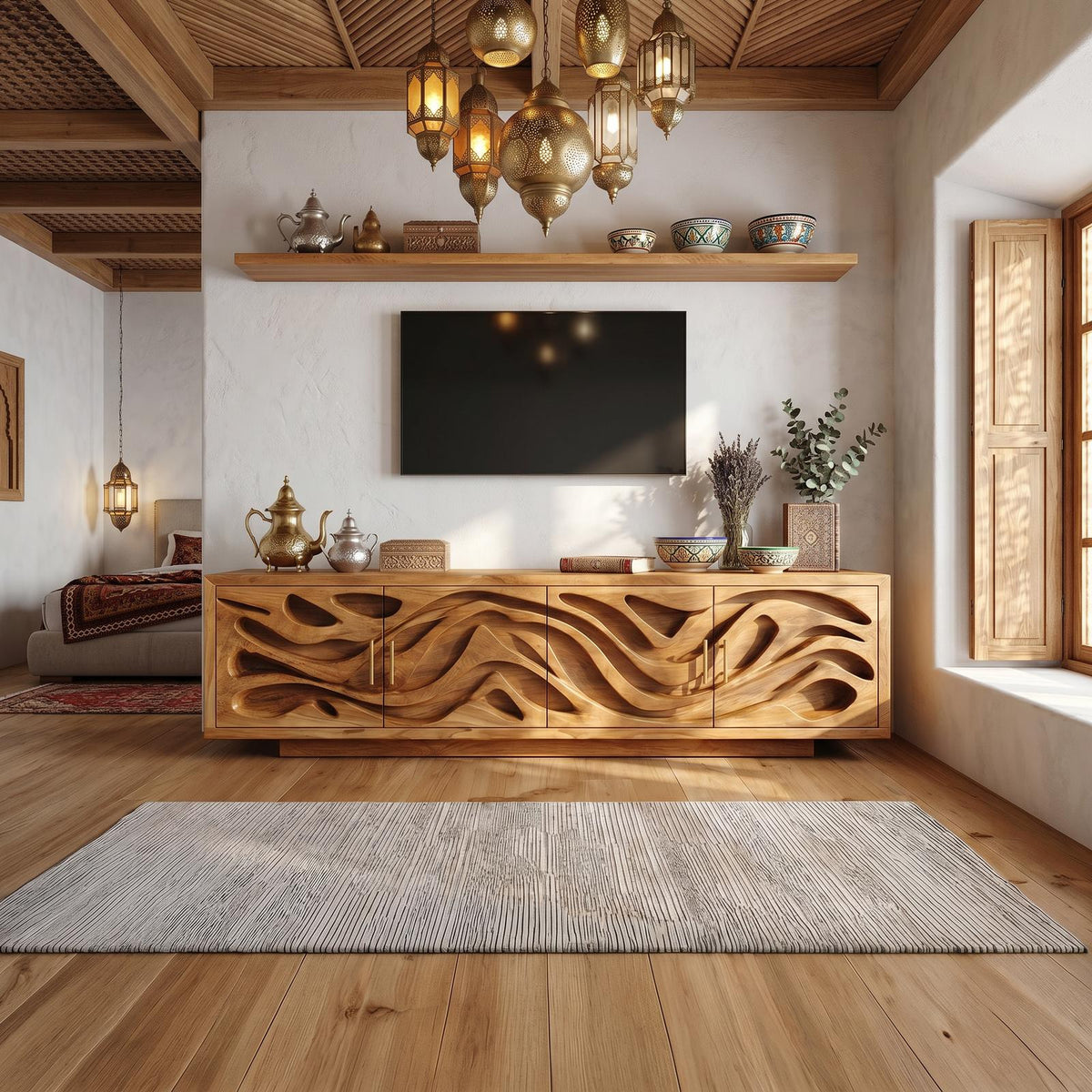 Mediterranean Coastal Wood TV Stand, Santorini Style White Wash Wooden Media Console Table for Bedroom Living Room
