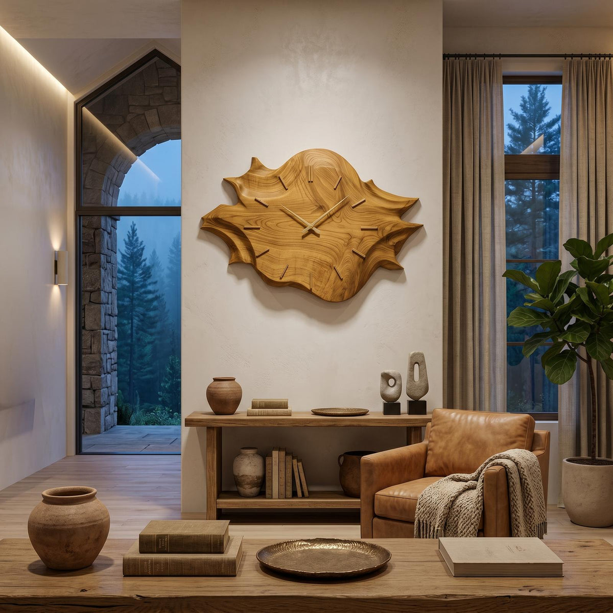 Artistic Wooden Wall Clock, Modern Abstract Carved Wood Clock for Apartment Living Room & Bedroom Wall Decor