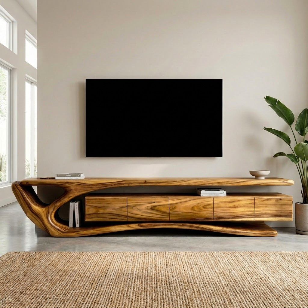 Contemporary Wooden TV Cabinet, Modern Living Room Area Media Console Credenza, Rustic Wood TV Stand
