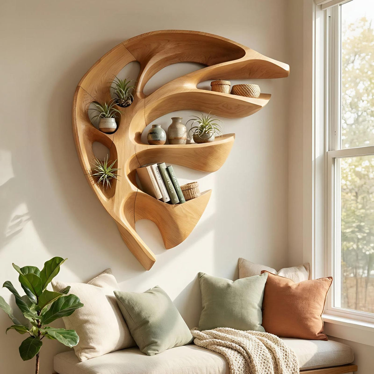 Modern Wall Mounted Wooden Floating Shelf, Handcrafted Solid Wood Wall Spice Rack Organizer for Kitchen Storage