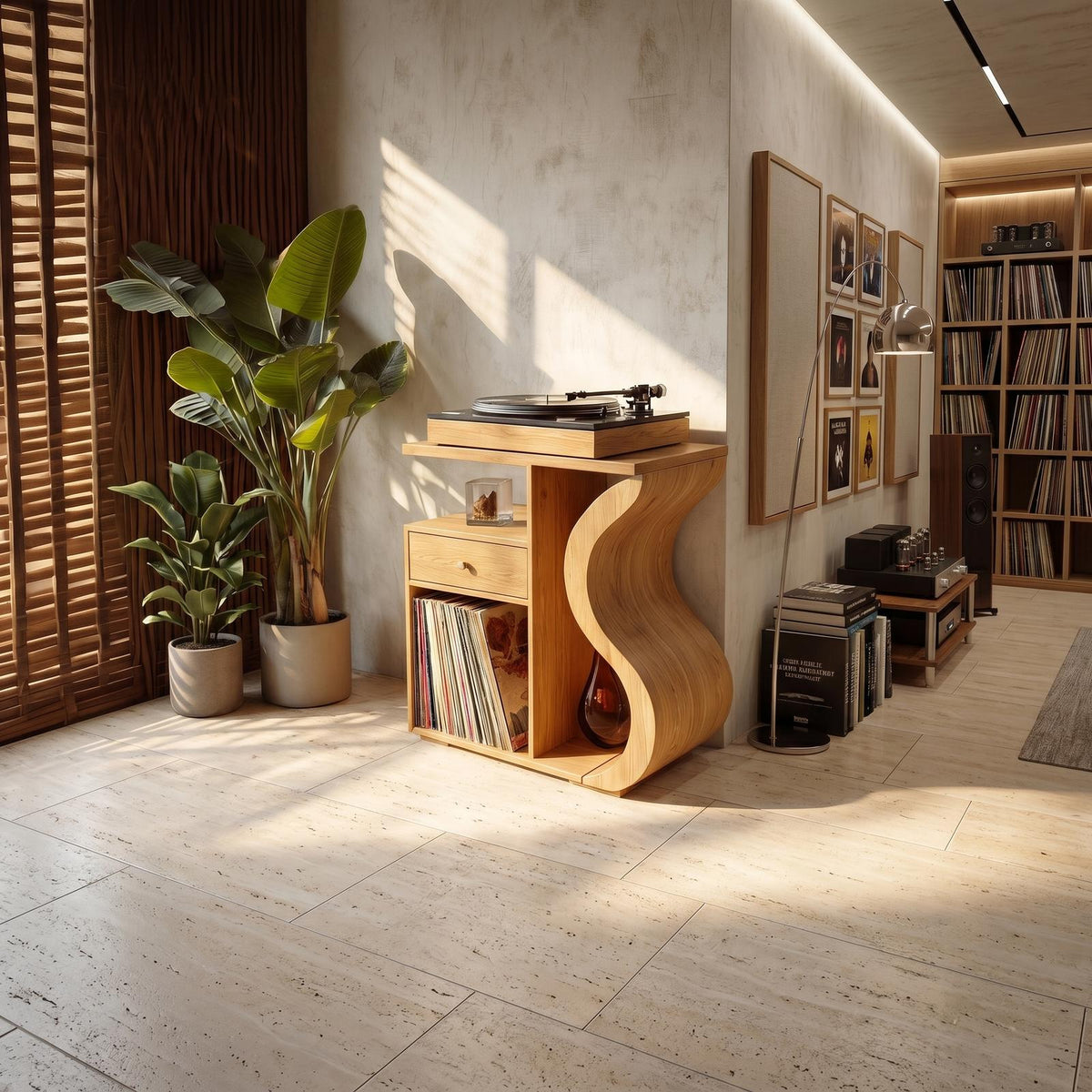 Spry Interior Organic Wave Wood Vinyl Record Cabinet, Handcrafted Boho Chic Turntable Console Stand with LP Storage, Model SILDTTRRPT040