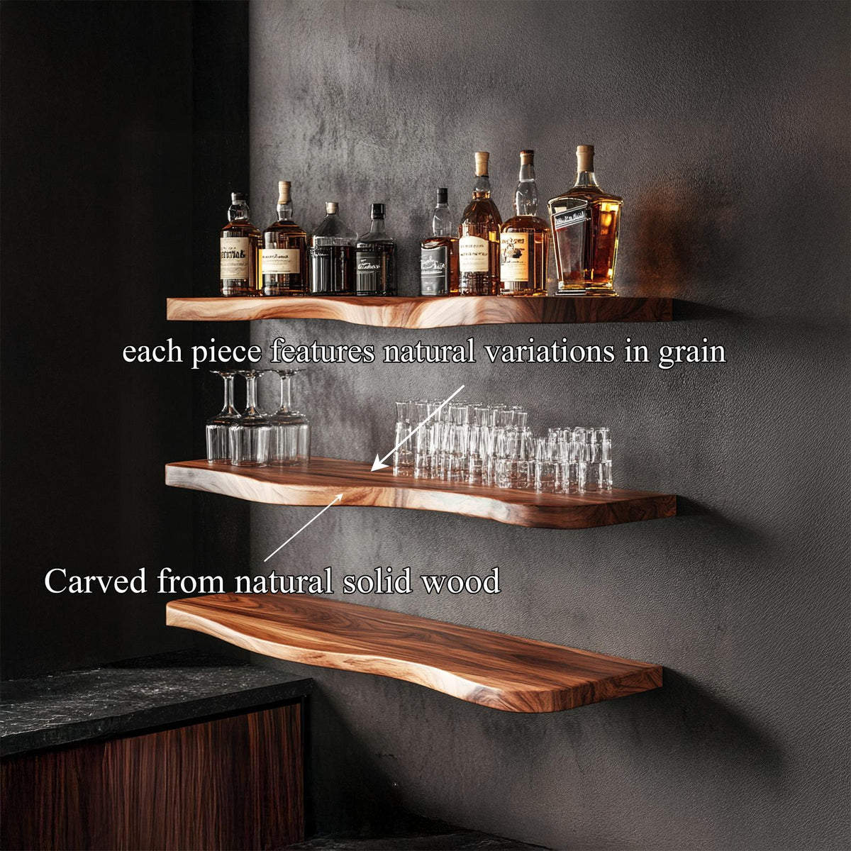 Nature Inspired Live Edge Bar Shelf Solid Wood Home Bar Interior Statement Decor