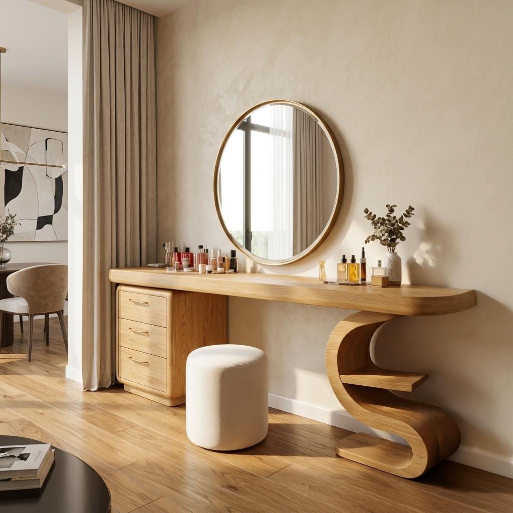 Spry Interior Modern Sculptural Vanity Table, Elegant Wooden Makeup Dressing Desk Console with Storage for Bedroom & Studio, SITHTTMV021