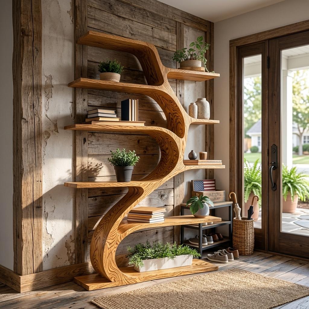 Minimal Natural Wood Bookshelf with Branch Design, Handcrafted Solid Wood Bookcase for Modern Living Room & Office