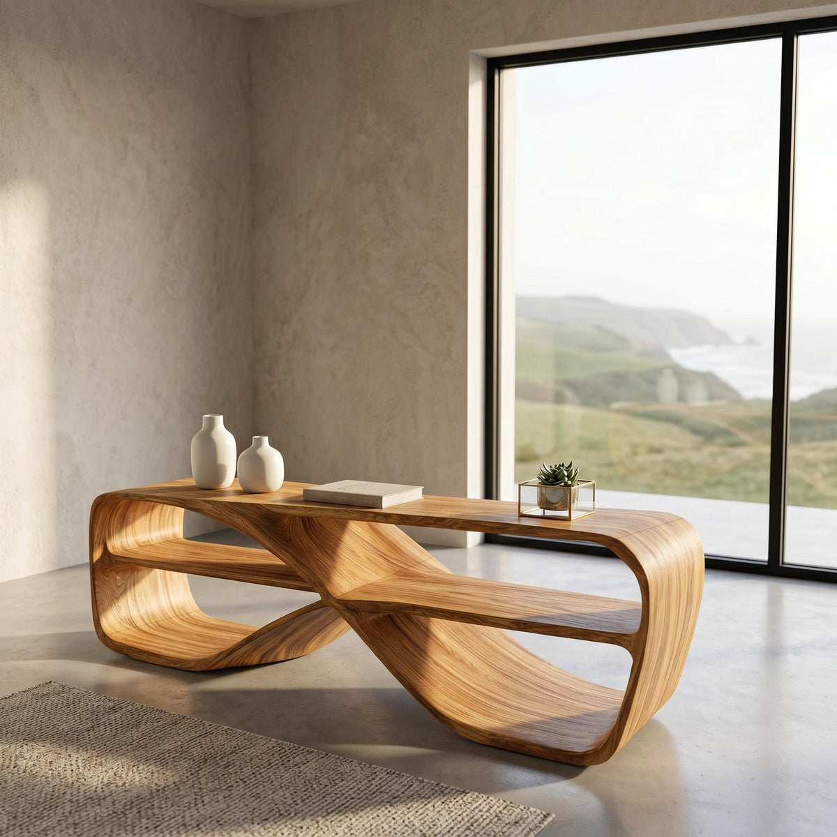Contemporary Sculptural Natural Wood Console Table For Living Room