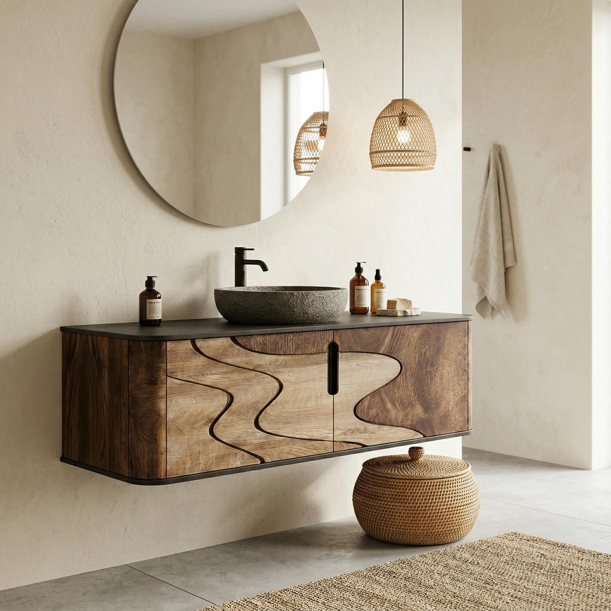 Organic Flow Bathroom Vanity Solid Wood Curved Front Storage Bathroom SINLHABCT018