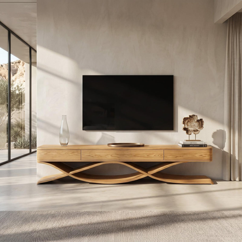 Modern TV Console With Interlocking Sculptural Base For Living Room