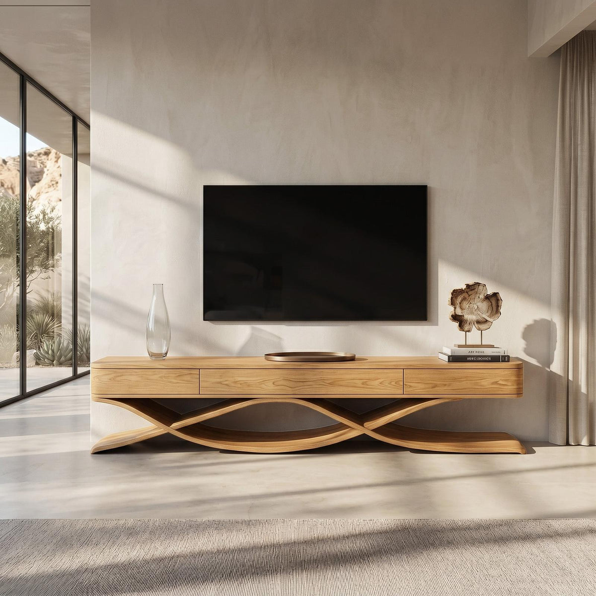 Modern TV Console With Interlocking Sculptural Base For Living Room