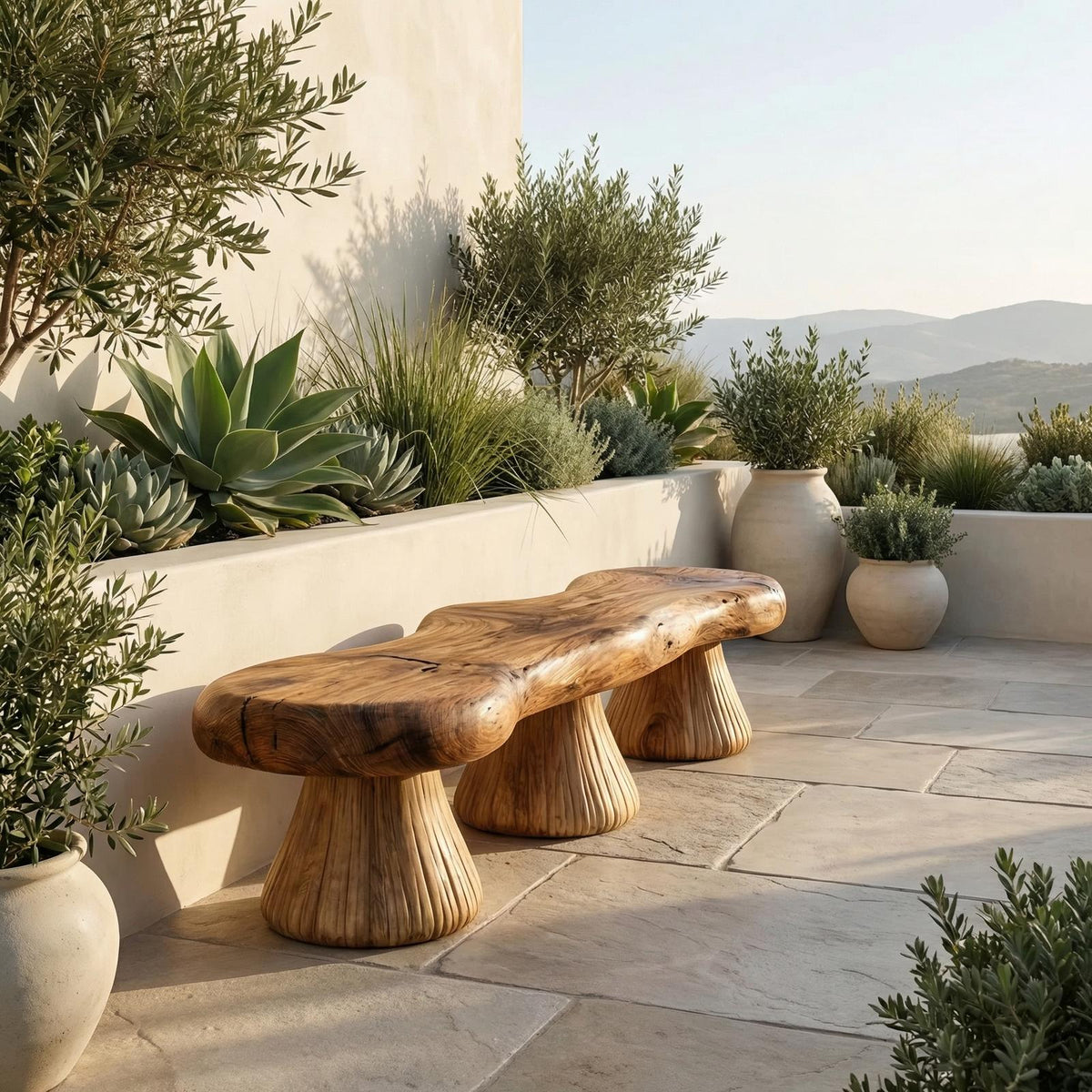 Natural Mushroom Bench Solid Wood Rustic Sculptural Design Entryway Or Garden Space SINLHARS091