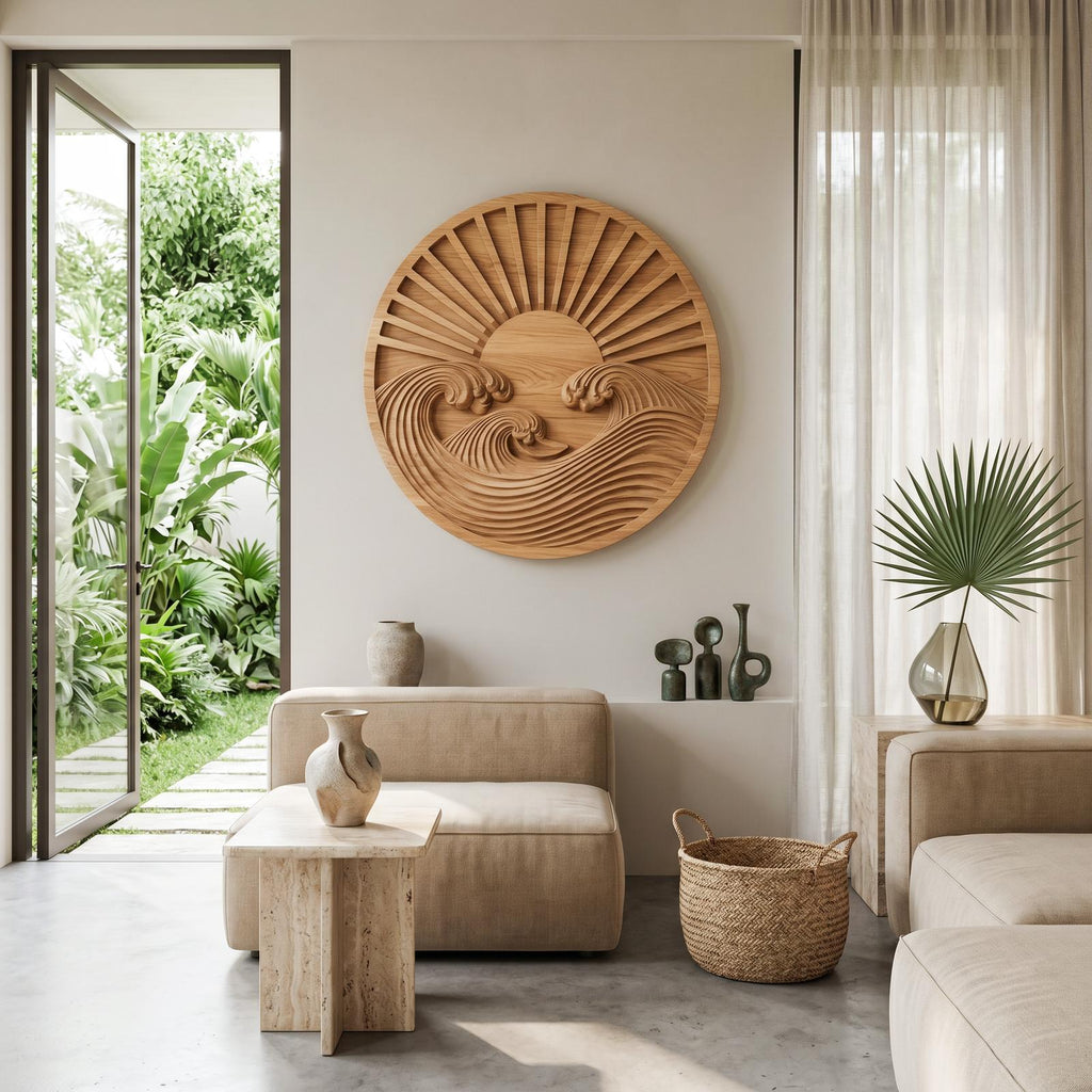 Round Wooden Wall Art with Carved Sun and Waves, Handcrafted Solid Wood Circular Relief Sculpture for Bedroom Decor