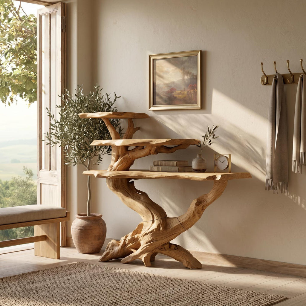 Spry Interior Cabin Black Driftwood Console Shelf, Rustic Wood Foyer Table for Stone Fireplace Room, Sofa & Entryway Table, SILDTTRCS063