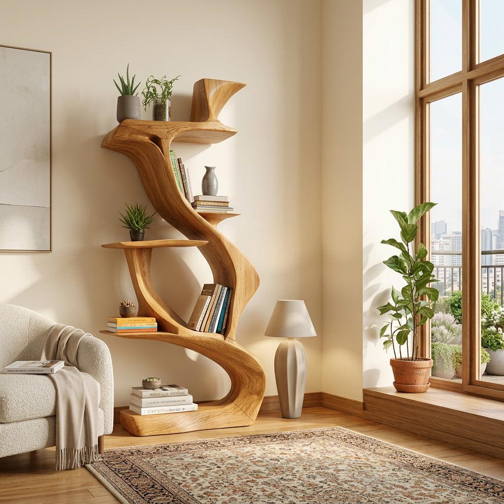 Sculptural Natural Wood Bookshelf, Handcrafted Solid Wood Standing Bookcase for Luxury Living Room & Home Decor