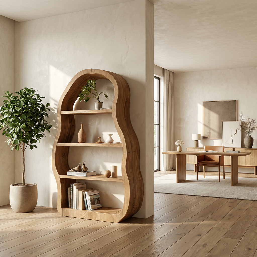 Modern Sculptural Bookshelf, Solid Wood Geometric Bookcase & Display Rack for Office, Living Room Reading Corner