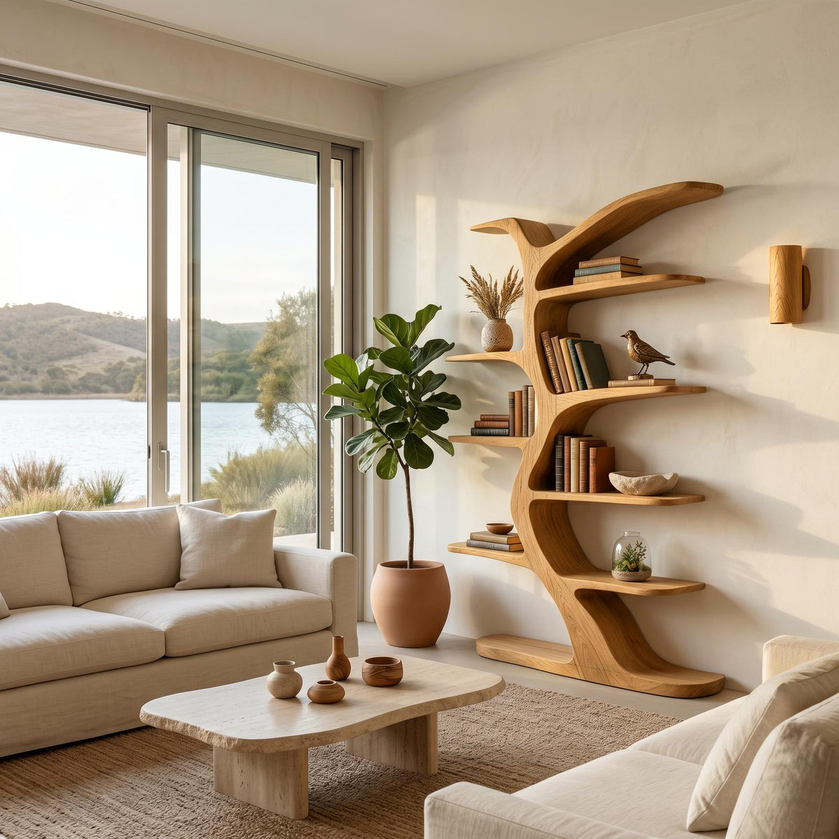 Modern Tree-Inspired Bookshelf, Handcrafted Wood Bookcase with Curved Branches for Living Room & Nursery Decor