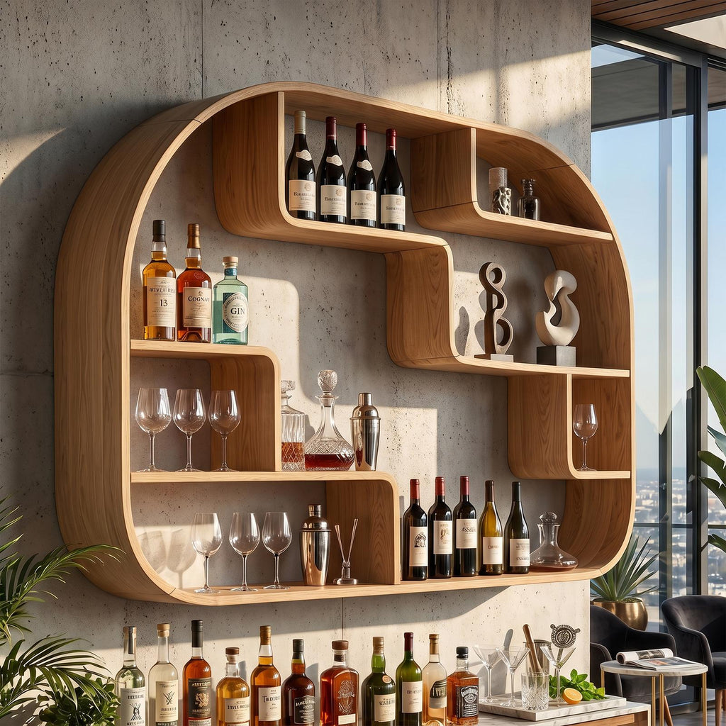 Boho Wall Mounted Wine Holder, Handcrafted Floating Wood Bottle Rack & Accent Storage Feature for Dining Space