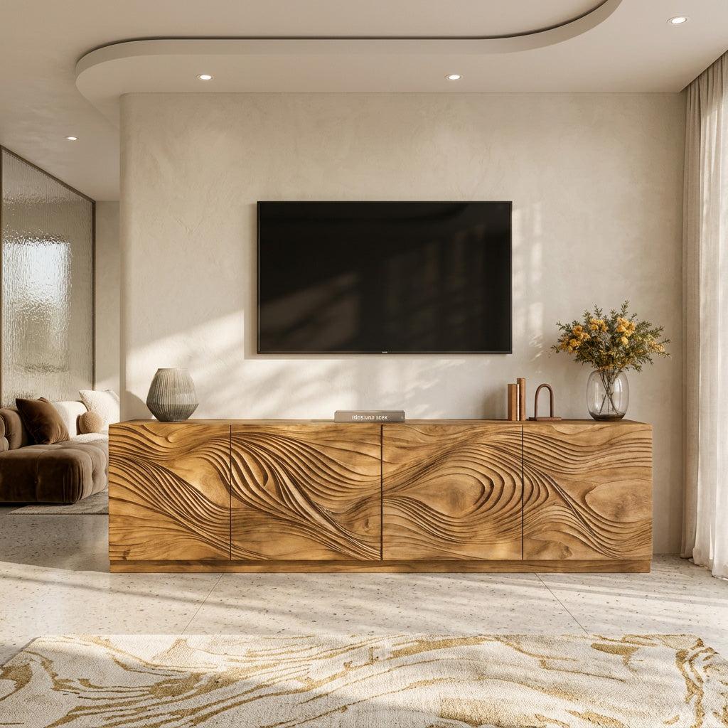 Artistic TV Console With Wave Pattern For Elegant Living Room