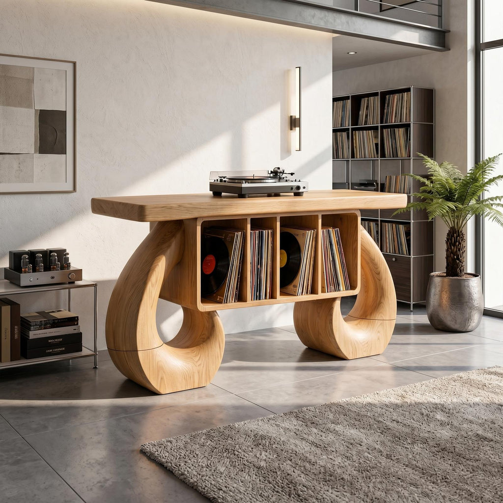 Sculptural Loop Record Player Console, Handcrafted Solid Wood Vinyl Storage Cabinet & Turntable Stand, Model